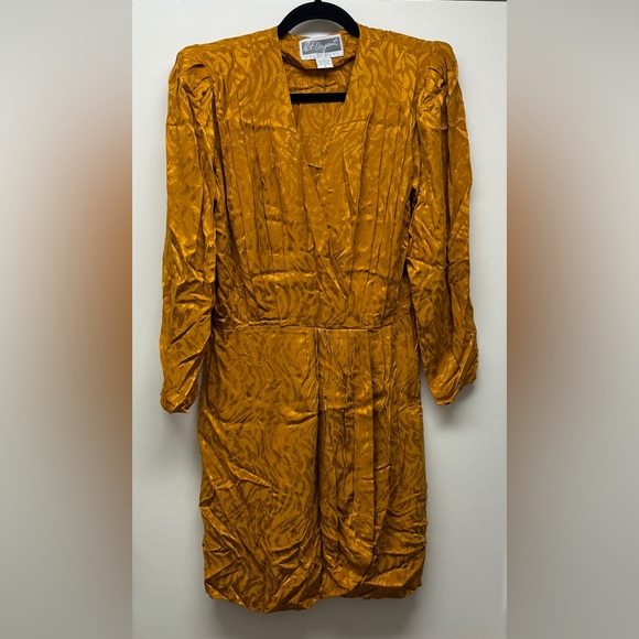 Vintage Pat Argent mustard yellow silk dress faux wrap mini - Picture 1 of 10